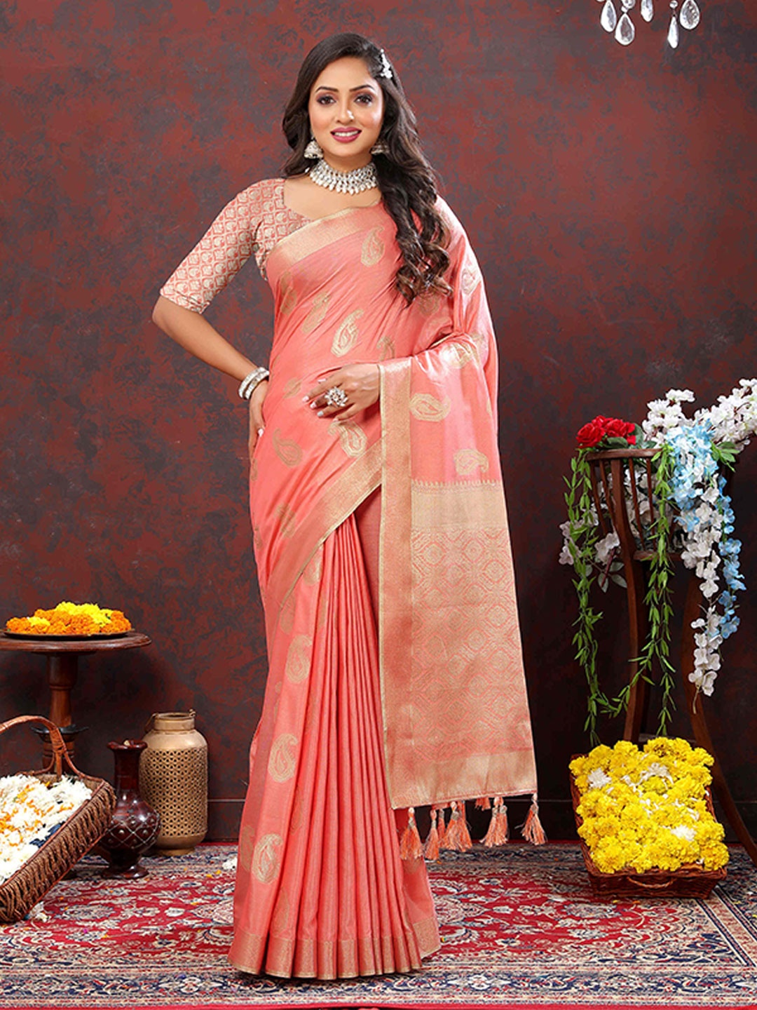 

ZILVIRA Ethnic Motifs Woven Design Zari Pure Cotton Banarasi Saree, Pink