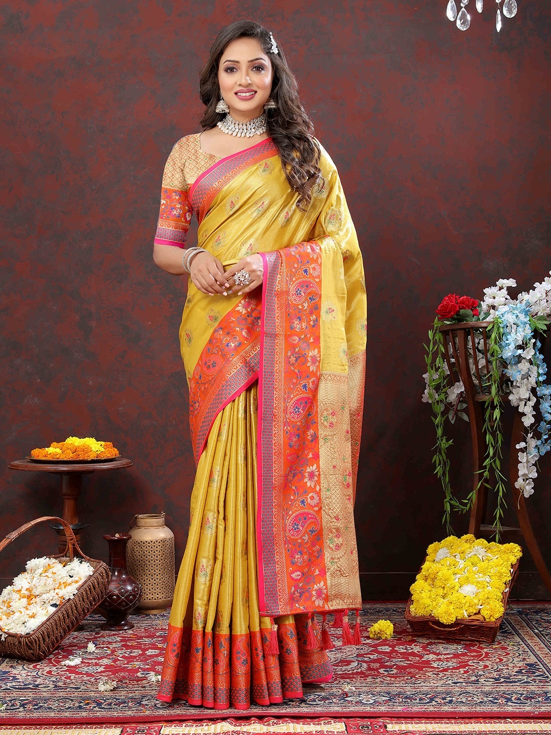 

ZILVIRA Floral Woven Design Zari Banarasi Saree, Yellow