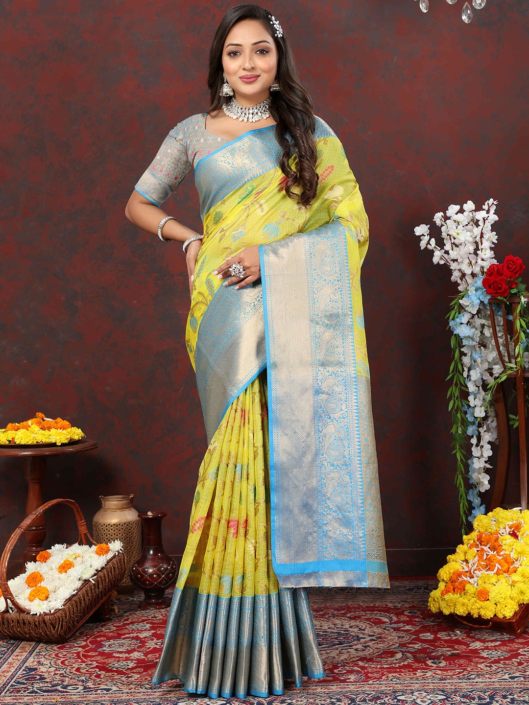

ZILVIRA Ethnic Motifs Woven Design Zari Pure Cotton Banarasi Saree, Yellow