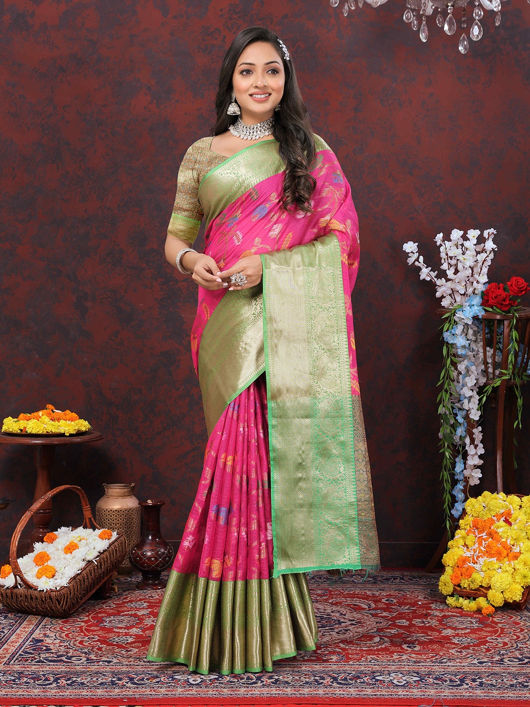 

ZILVIRA Woven Design Ethnic Motifs Zari Pure Cotton Banarasi Saree, Pink