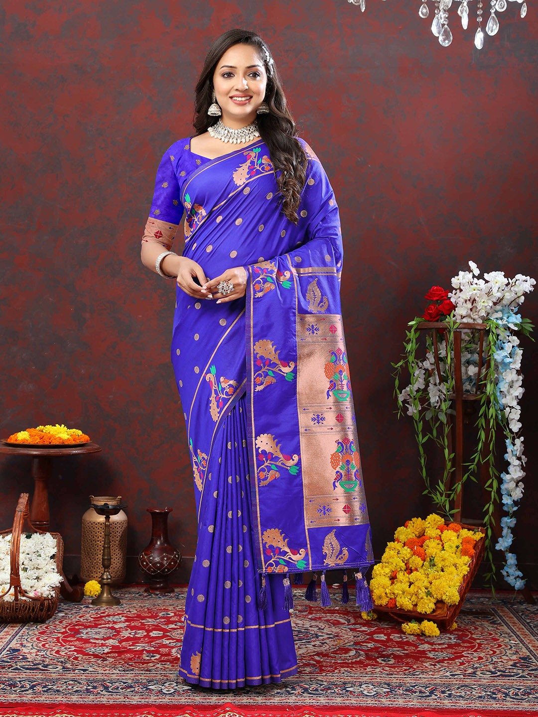 

ZILVIRA Ethnic Motifs Woven Design Zari Pure Silk Paithani Saree, Blue