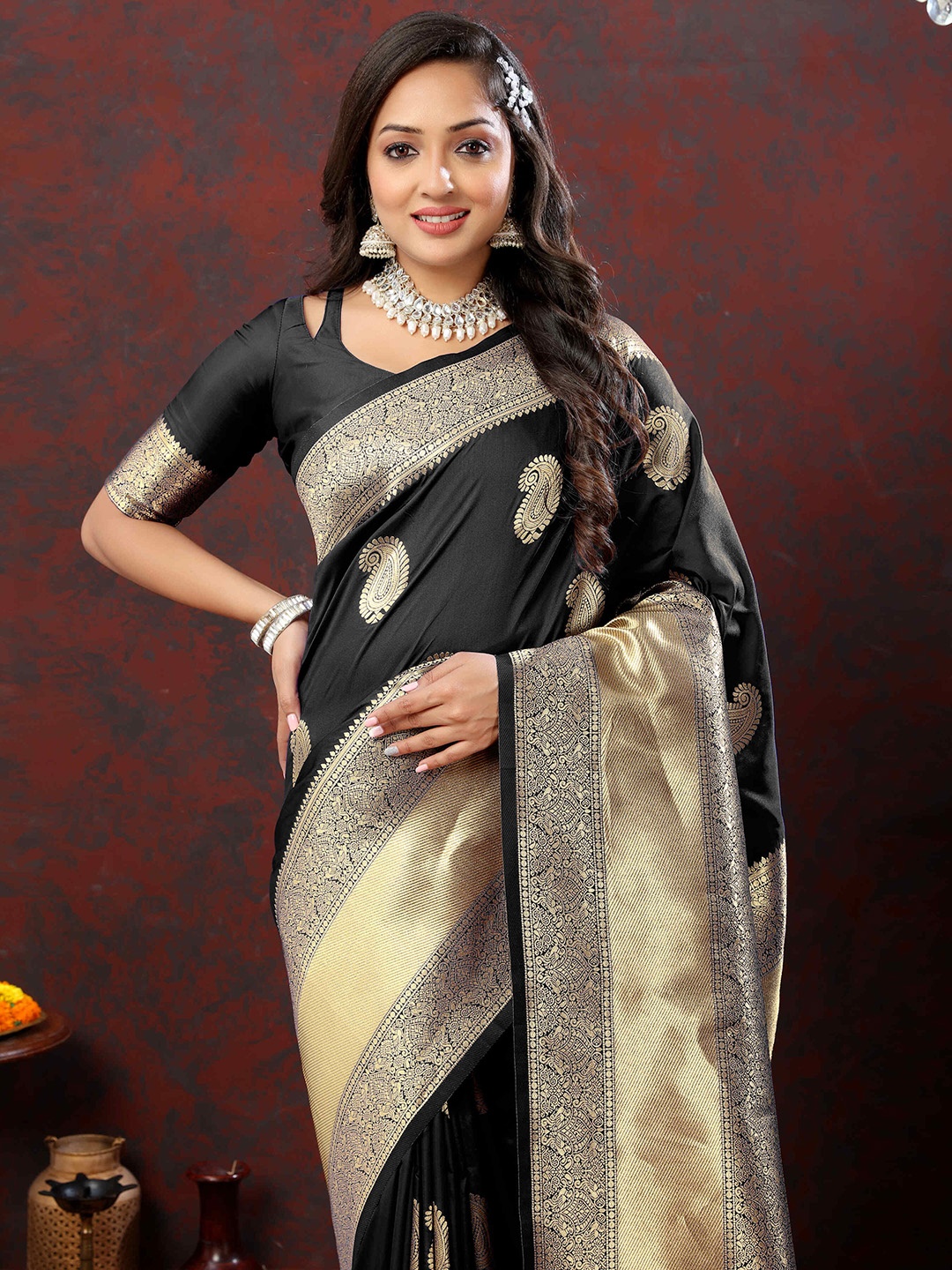 

ZILVIRA Woven Design Paisley Zari Pure Silk Banarasi Saree, Black