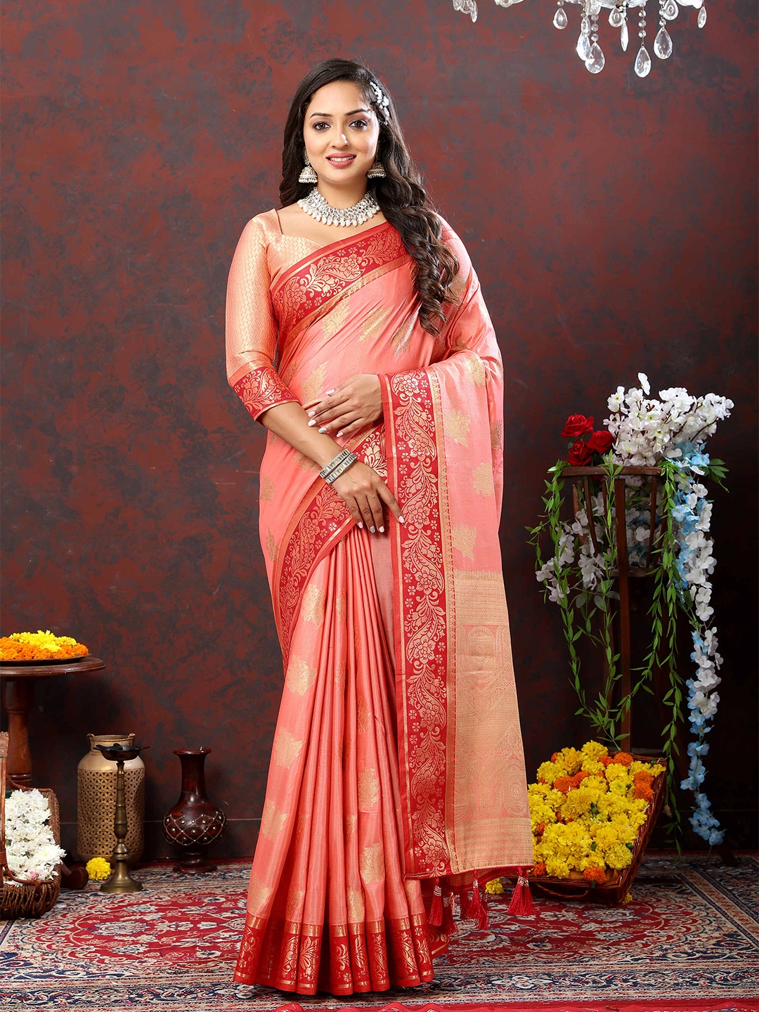 

ZILVIRA Woven Design Ethnic Motifs Zari Pure Cotton Banarasi Saree, Pink