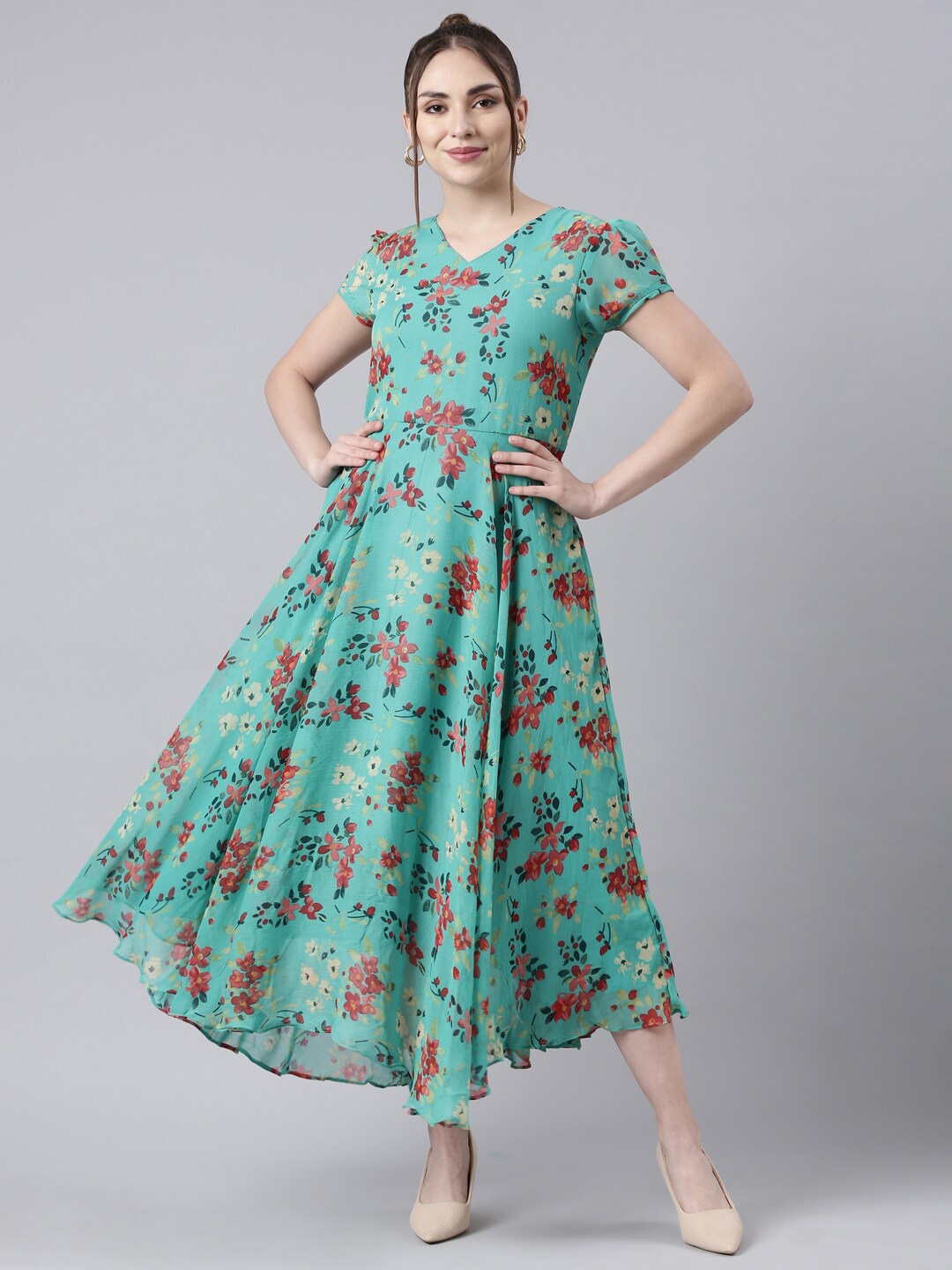 

Souchii Printed V-Neck Puff Sleeves Fit and Flare Midi Ethnic Dress, Turquoise blue