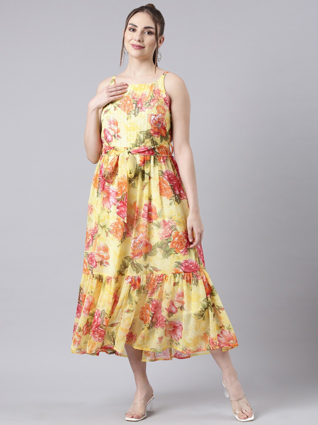 

Souchii Floral Printed Shoulder Straps Fit & Flare Midi Dress, Yellow