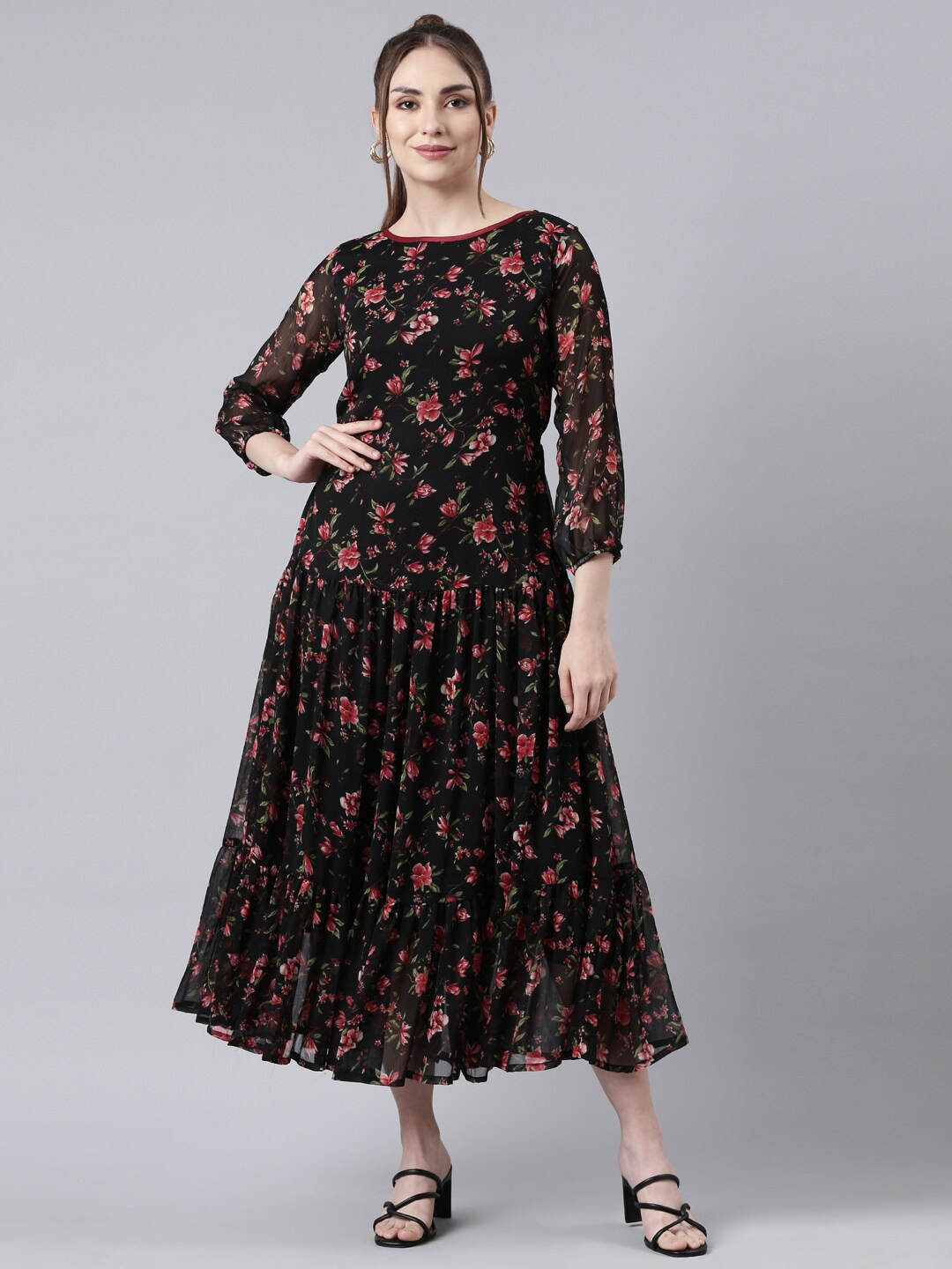 

Souchii Floral Printed Chiffon Maxi Ethnic Dresses, Black