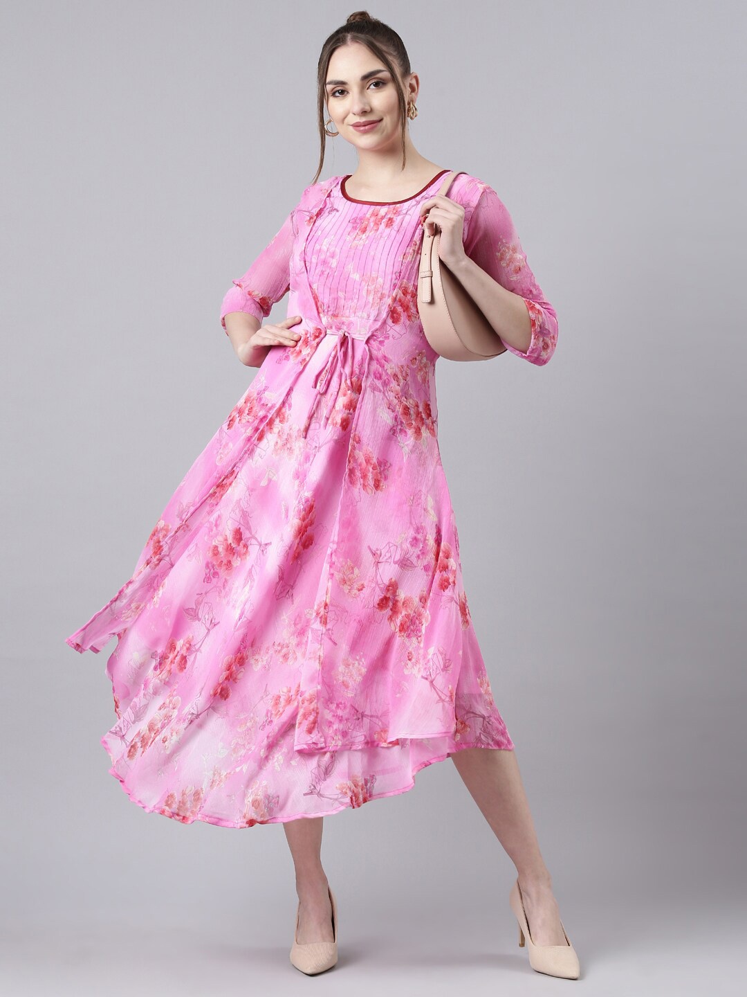 

Souchii Floral Printed Chiffon Fit & Flared Midi Ethnic Dresses, Pink