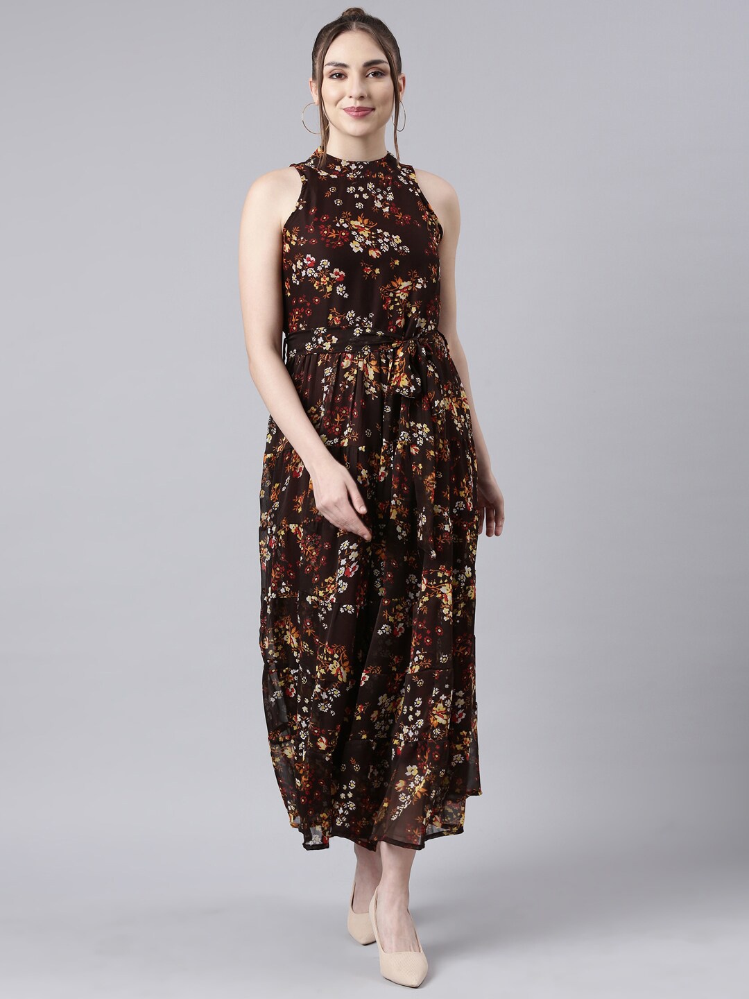 

Souchii Floral Printed Flared Midi Fit & Flare Dress, Brown