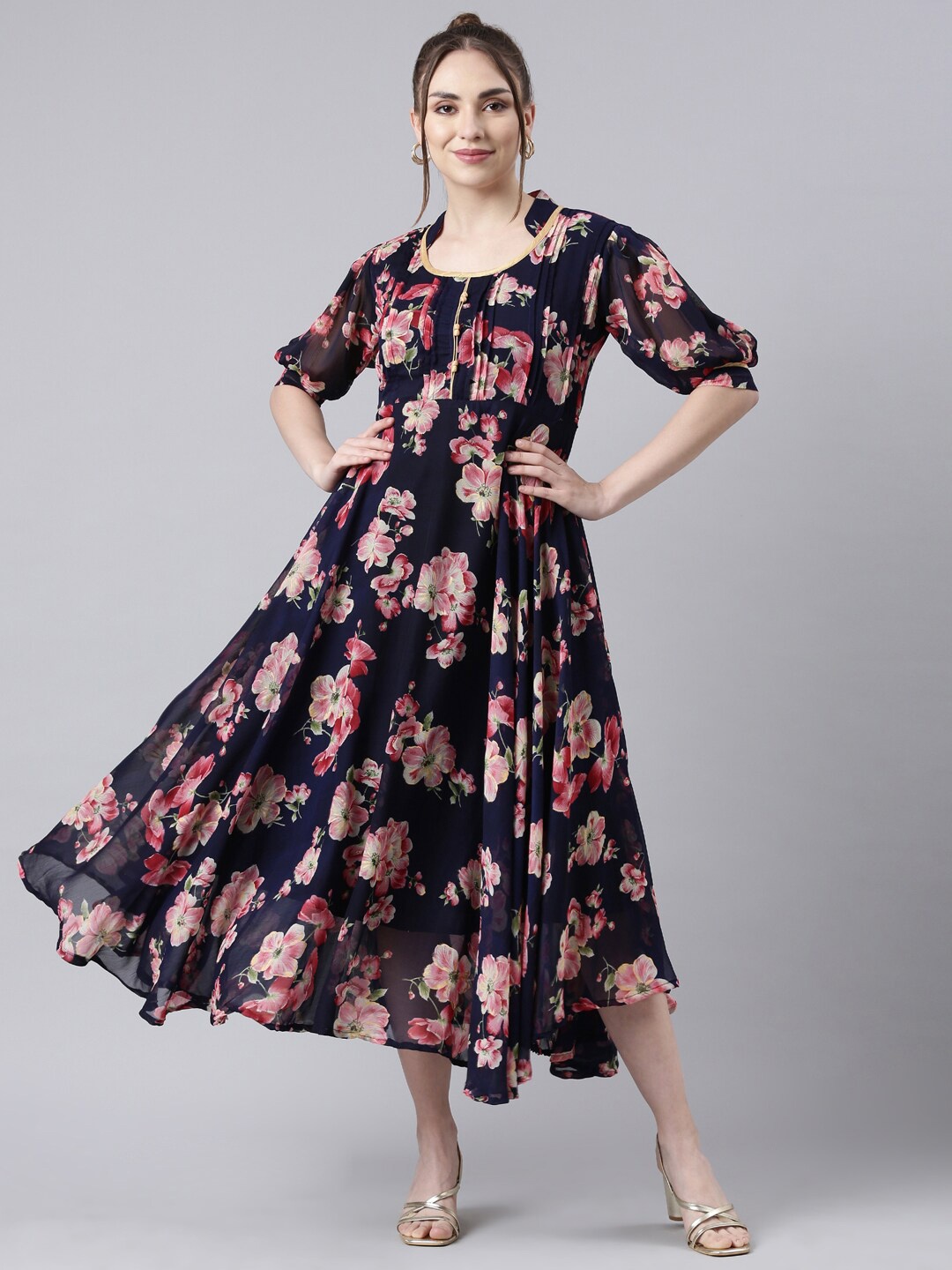 

Souchii Floral Printed Fit & Flared Dress, Navy blue