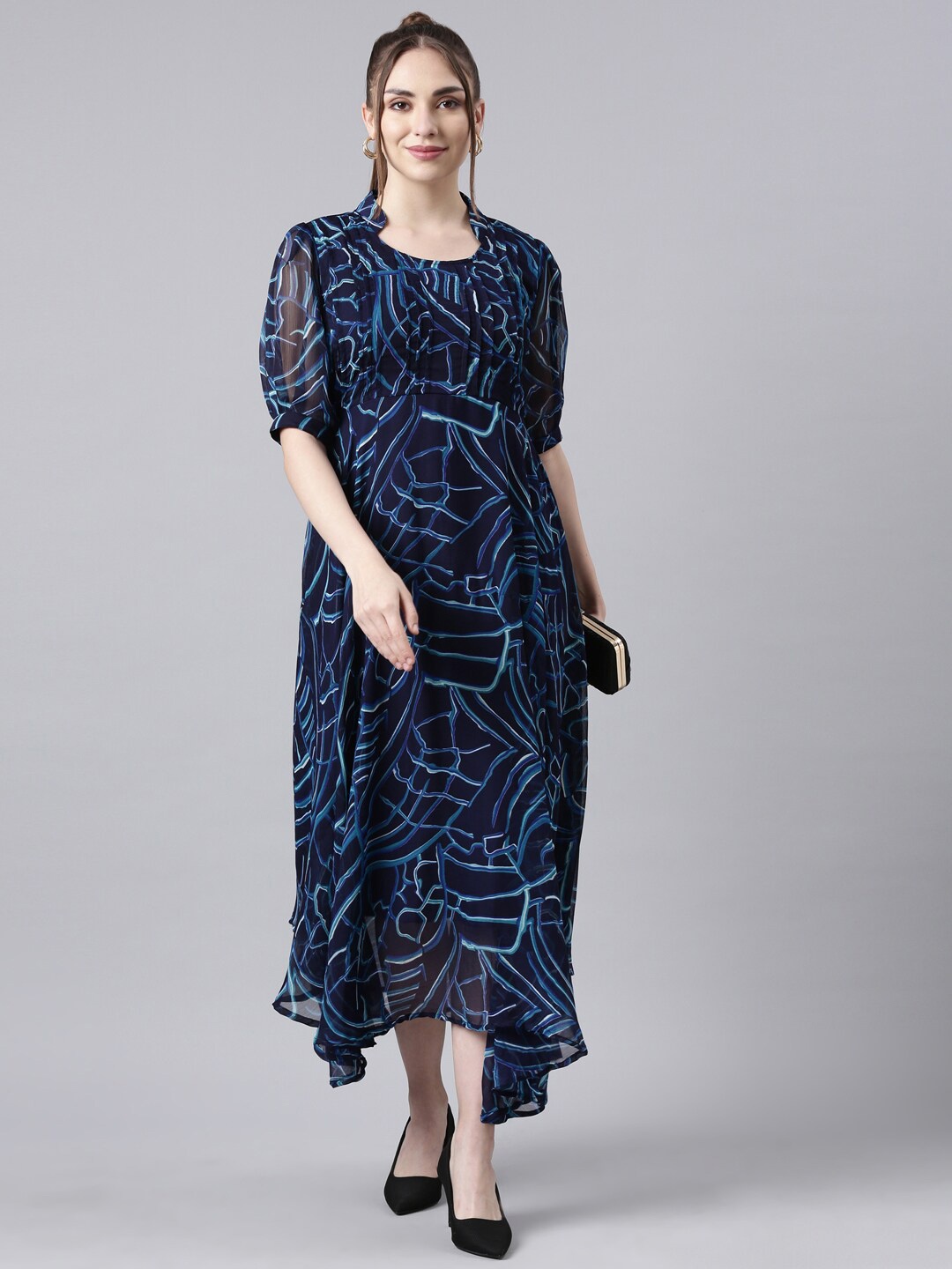 

Souchii Abstract Printed Fit & Flared Dress, Navy blue