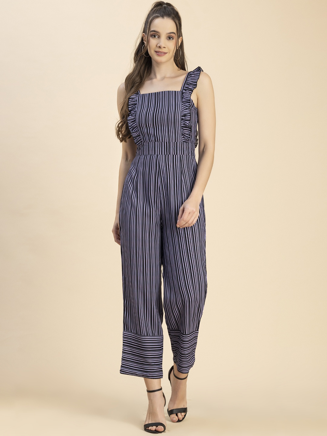 

Moomaya Striped Shoulder Straps Basic Jumpsuit, Black