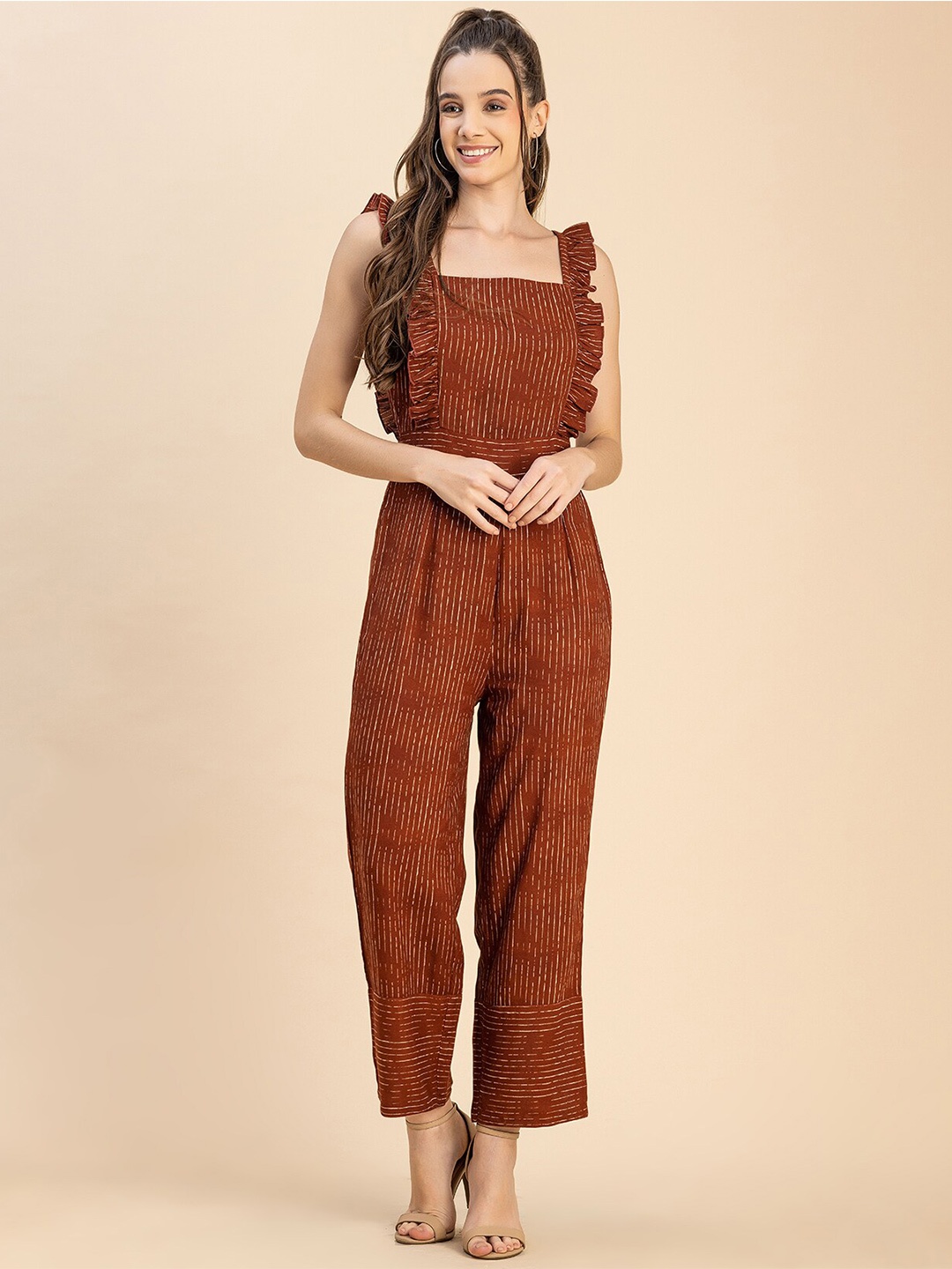 

Moomaya Striped Ruffles Sleeveless Basic Jumpsuit, Brown