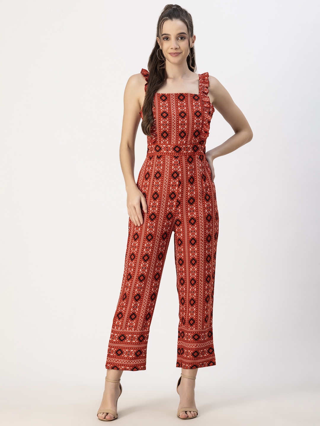 

Moomaya Ethnic Motifs Printed Sleeveless Basic Jumpsuit, Red