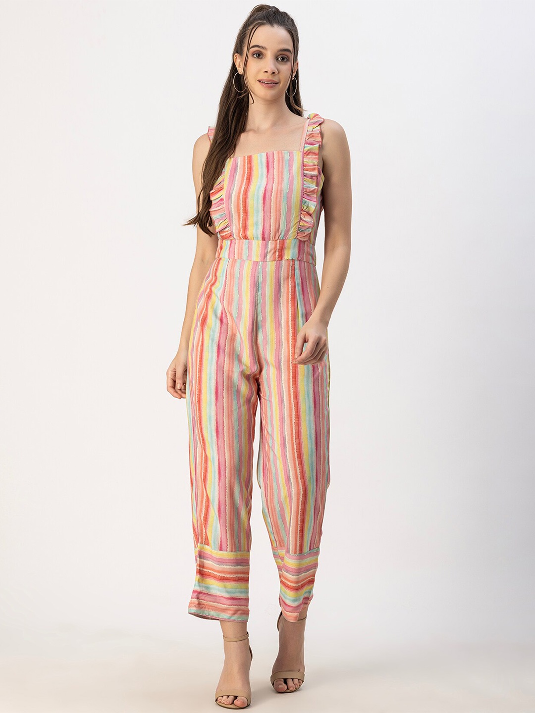 

Moomaya Striped Ruffles Sleeveless Basic Jumpsuit, Pink