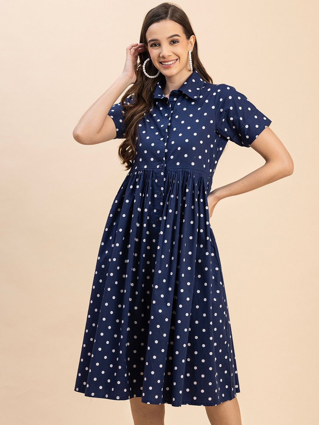 

Moomaya Polka Dot Print Shirt Cotton Midi Dress, Navy blue