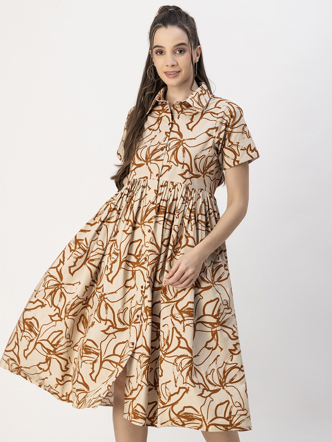 

Moomaya Printed Short Sleeves Spread Collar Cotton Fit And Flare Dress, Brown