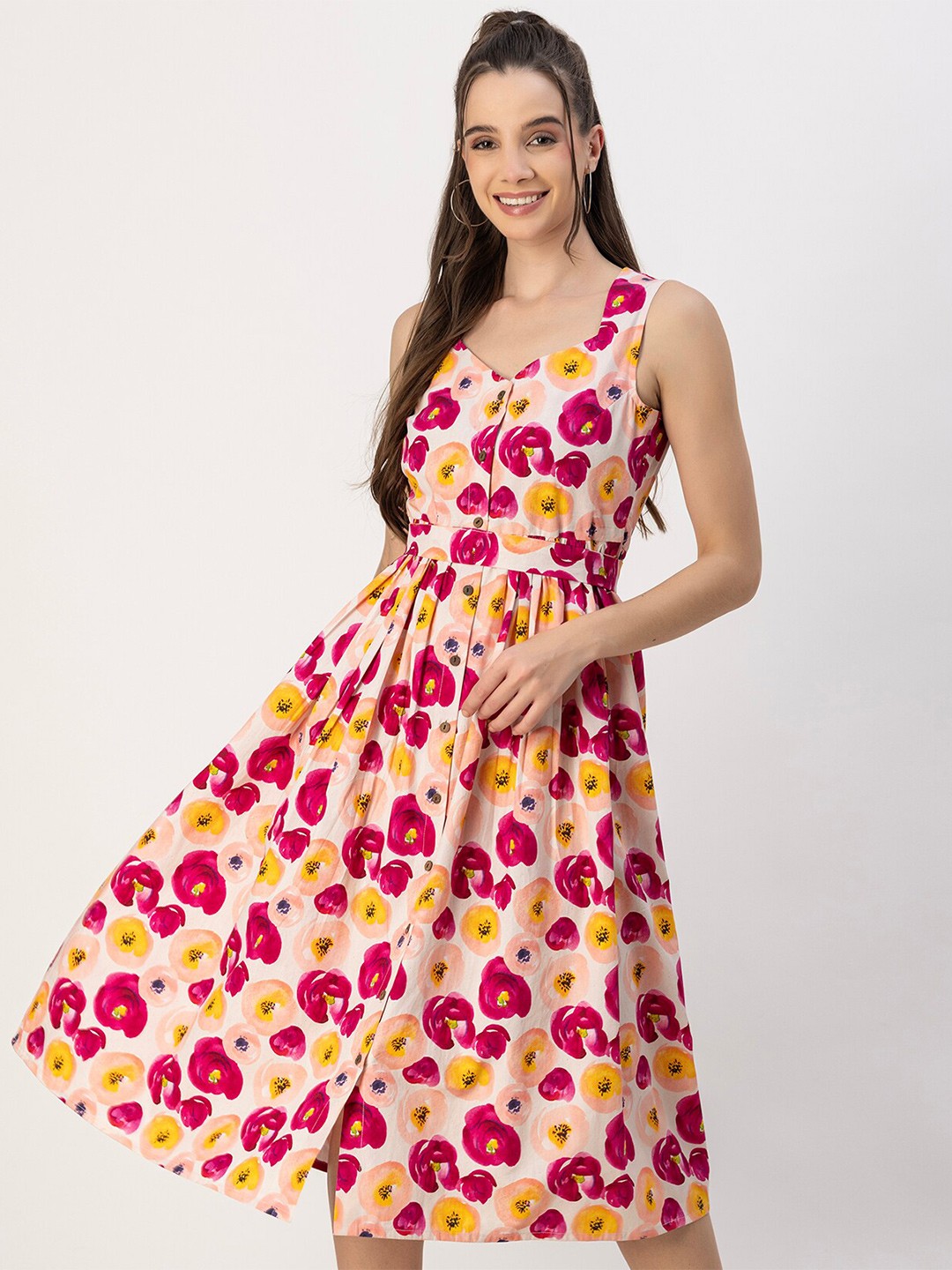 

Moomaya Floral Print Fit & Flare Cotton Midi Dress, Pink