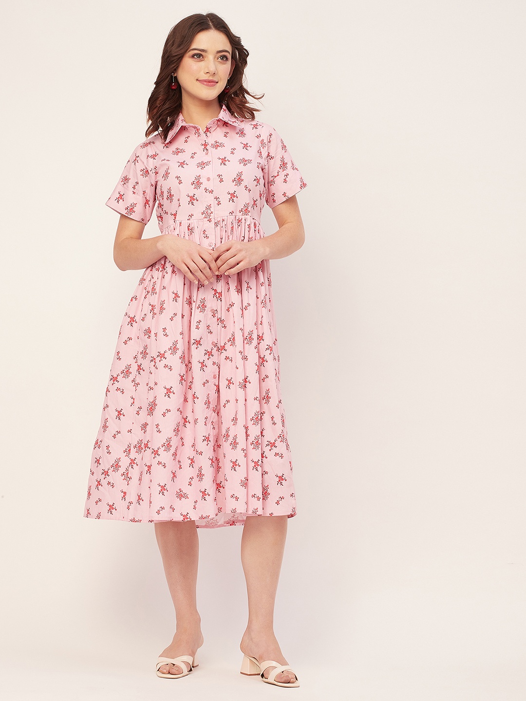 

Moomaya Floral Print Cotton Shirt Midi Dress, Pink