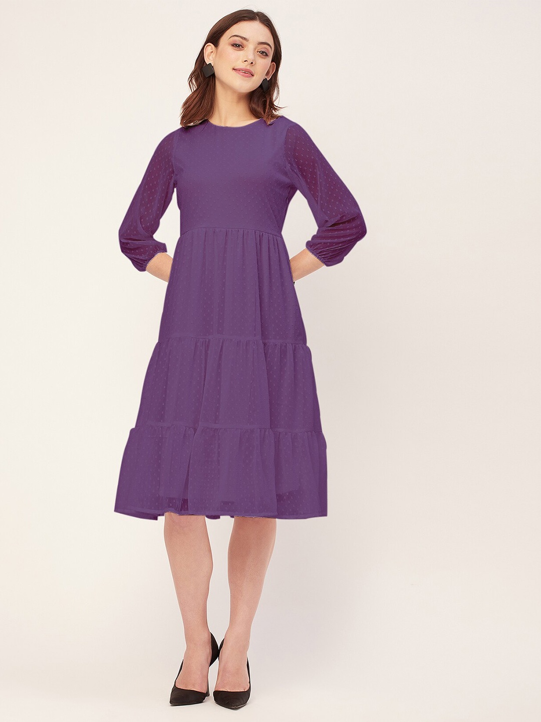 

Moomaya Self Design Georgette Fit & Flare Dress, Purple