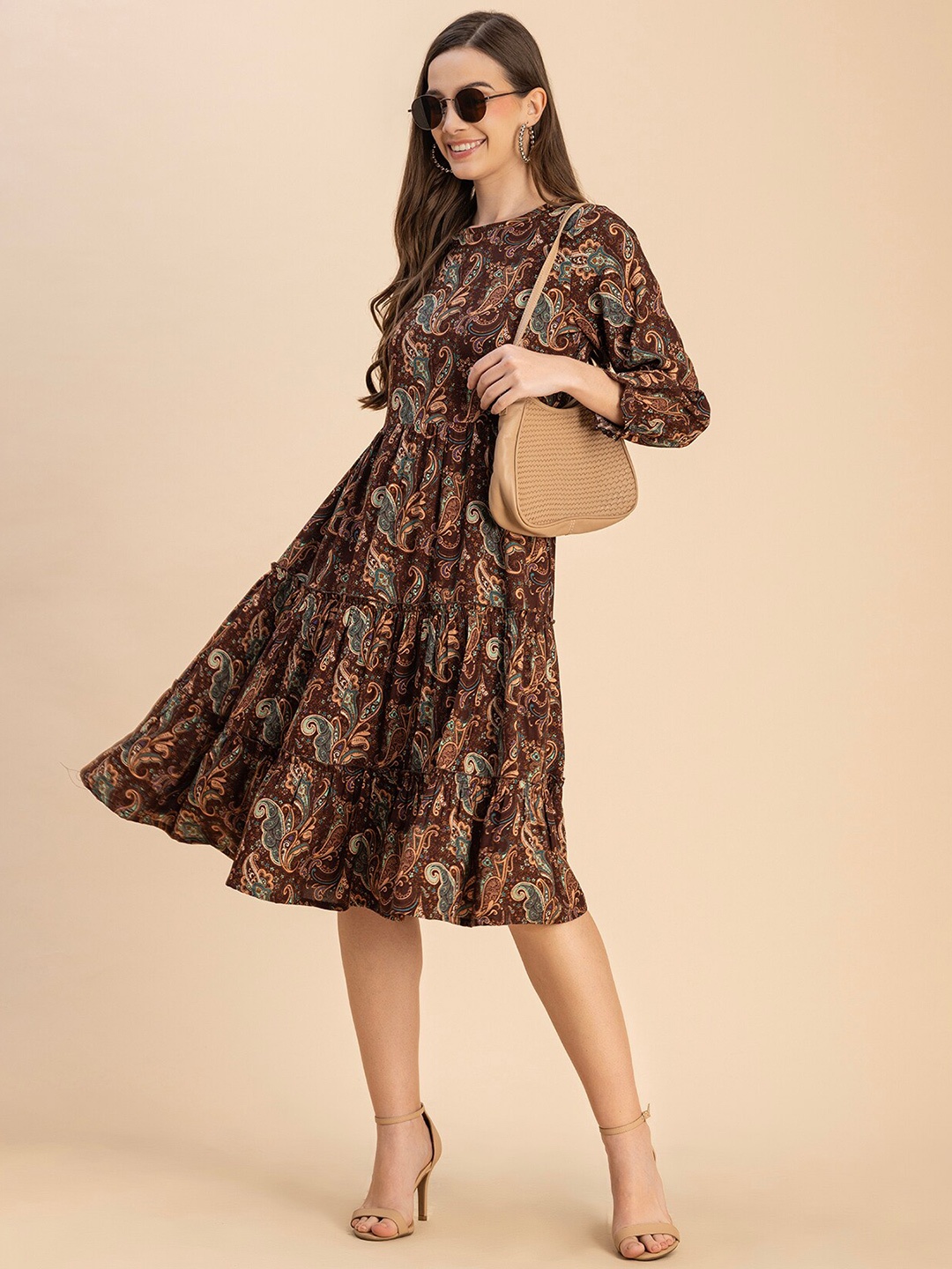 

Moomaya Ethnic Motifs Print A-Line Tiered Dress, Brown