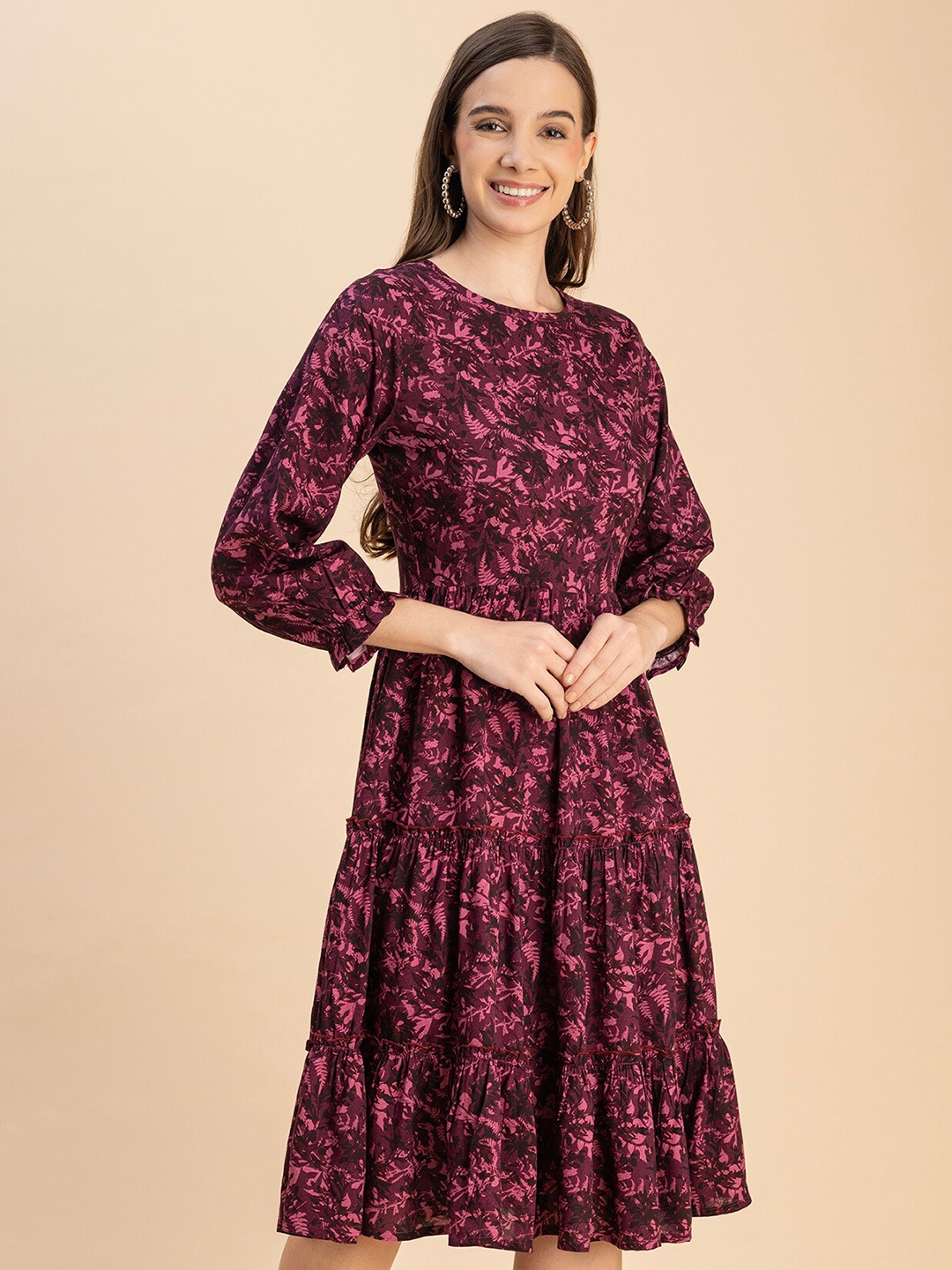 

Moomaya Round Neck Floral Print Puff Sleeve Fit & Flare Dress, Burgundy