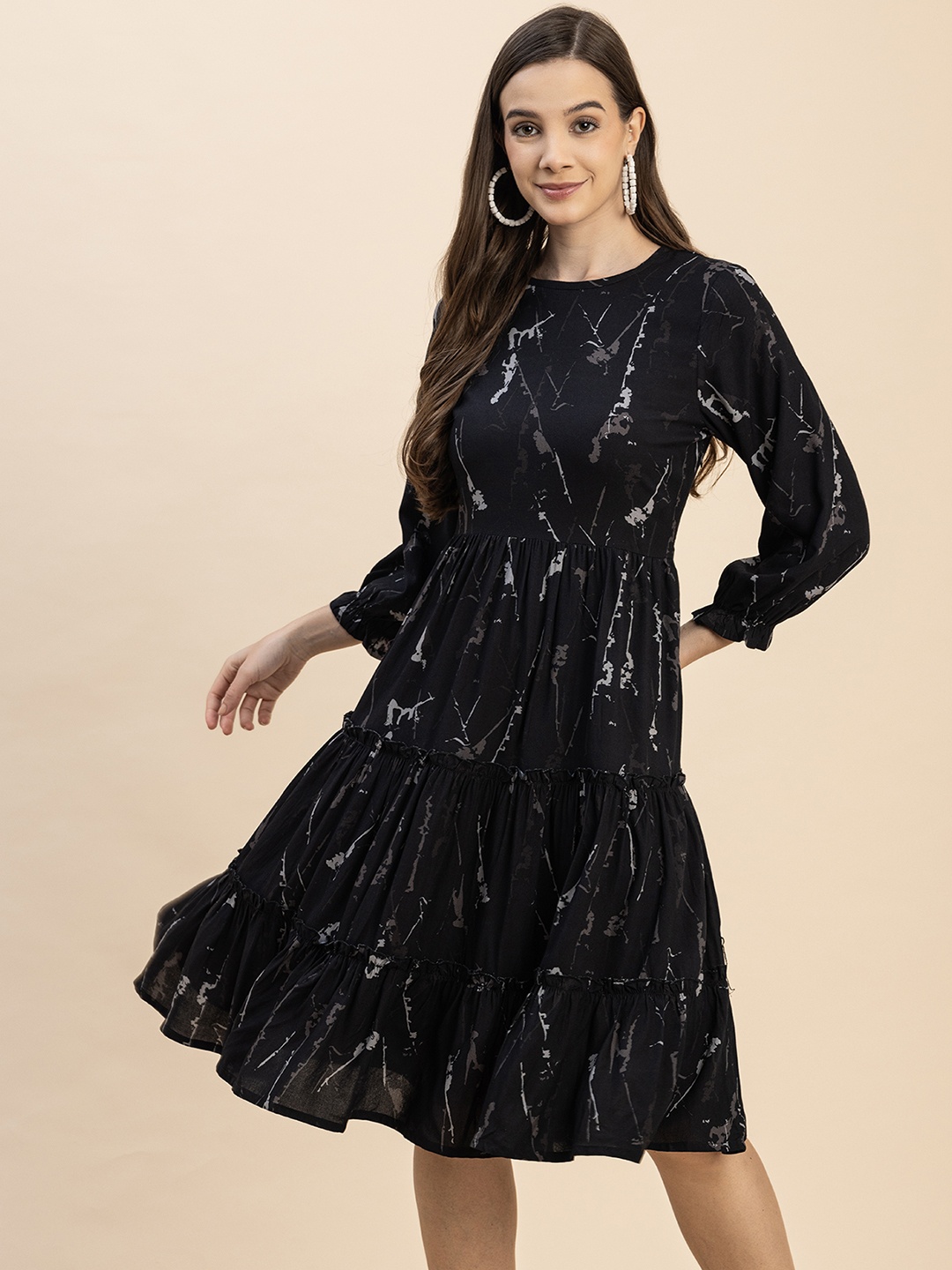 

Moomaya Abstract Print Round Neck Long Puff Sleeve Fit & Flare Tiered Dress, Black