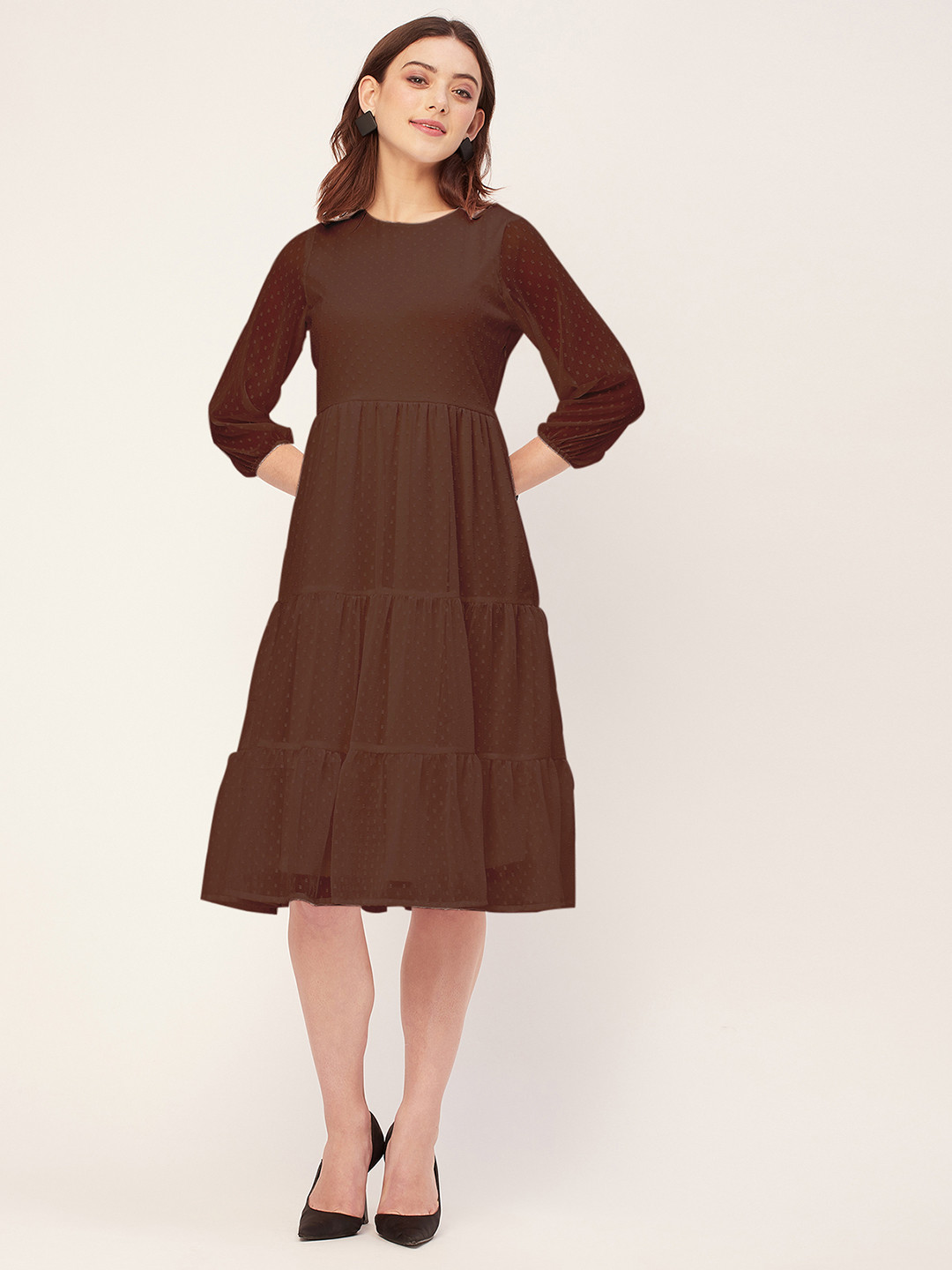 

Moomaya Round Neck Georgette Knee Length Tiered Dress, Brown