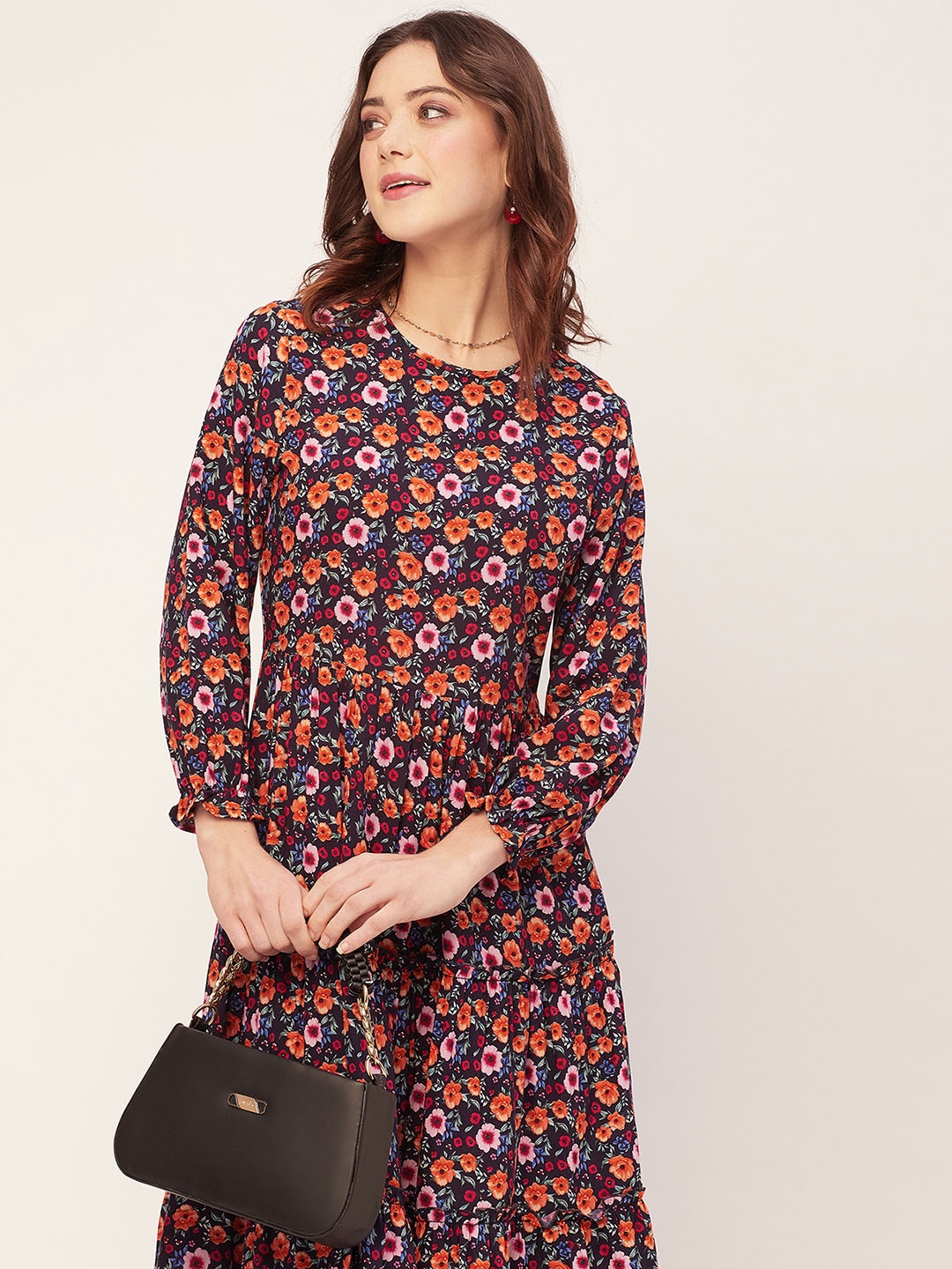 

Moomaya Floral Print Puff Sleeve Tiered Dress, Orange