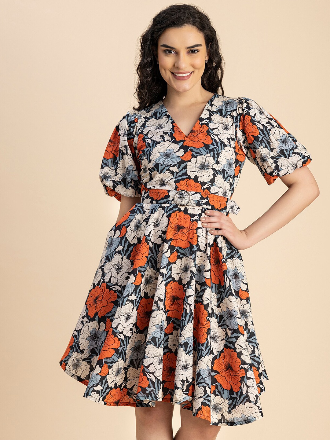 

Moomaya Floral Printed V Neck Fit & Flare Dress, Black