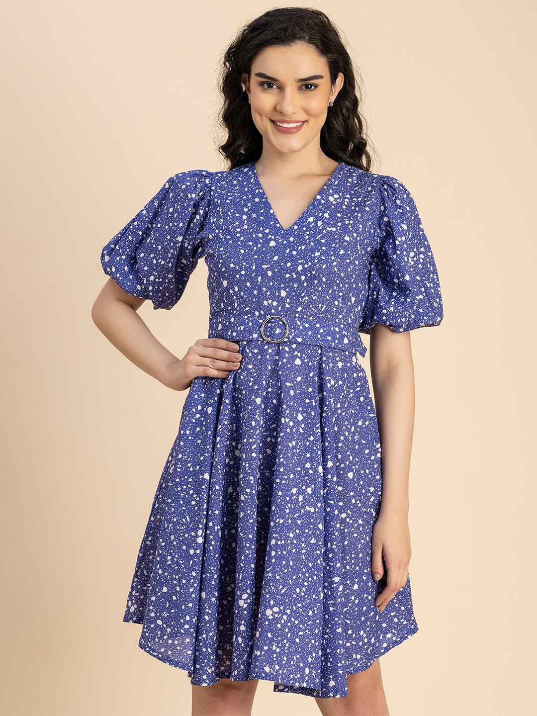 

Moomaya Floral Print Puff Sleeve Cotton Fit & Flare Dress, Blue