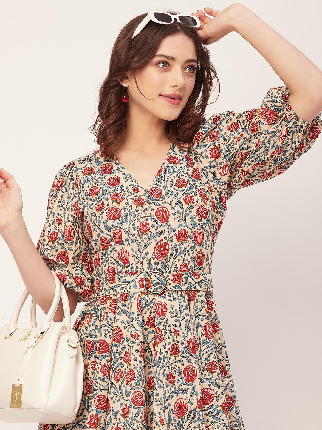 

Moomaya Floral Printed Short Sleeves V Neck Cotton Fit And Flare Dress, Beige
