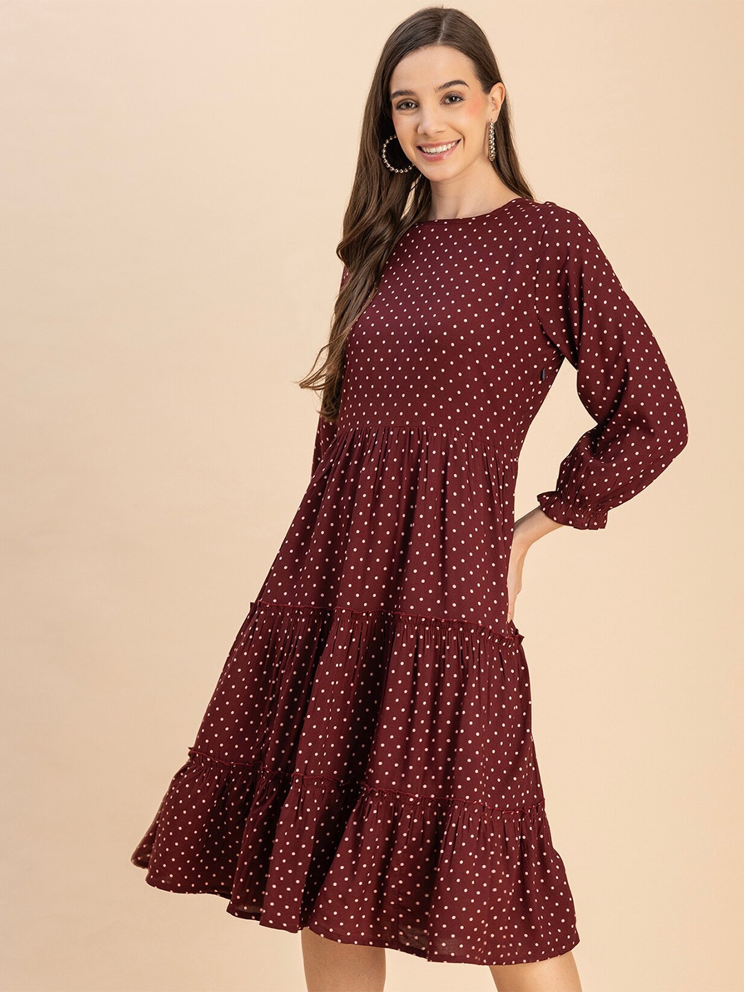 

Moomaya Round Neck Polka Dot Print Fit & Flare Dress, Maroon