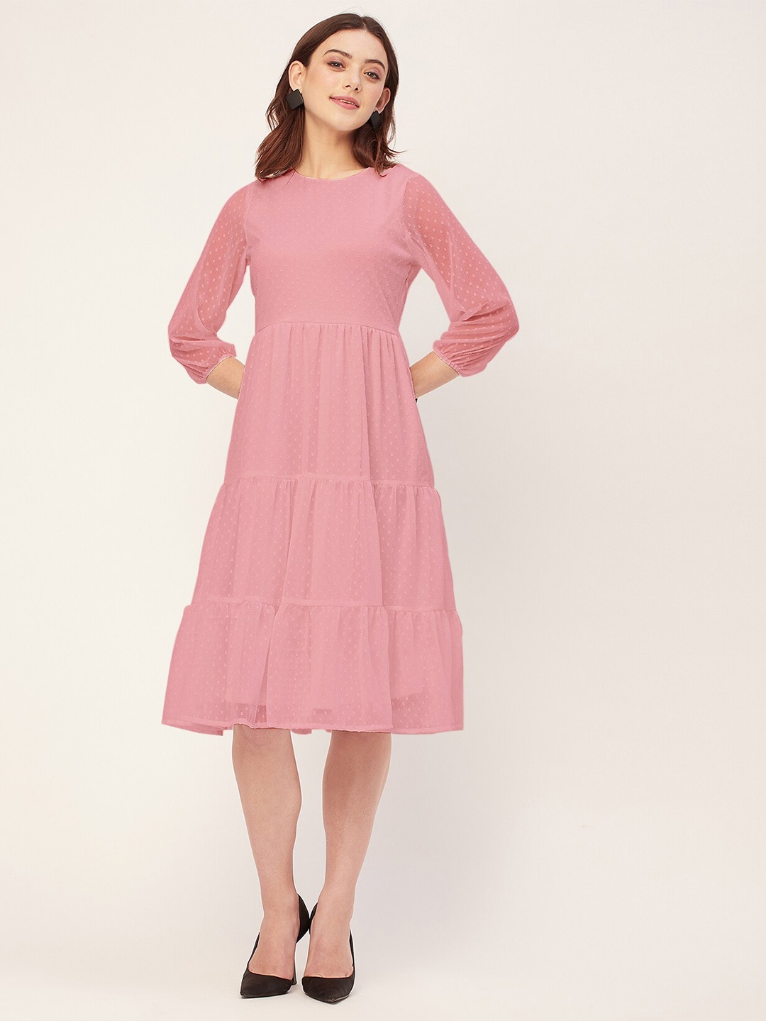 

Moomaya Self Design Round Neck Georgette Fit & Flare Dress, Pink