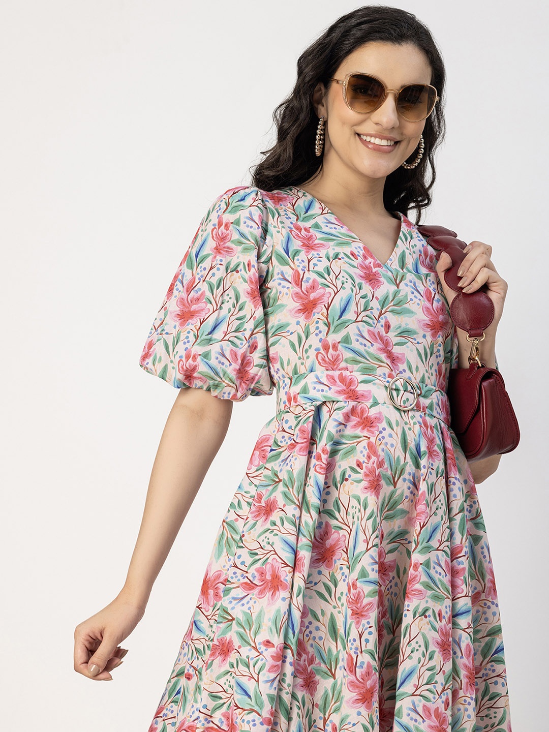 

Moomaya Floral Print Puff Sleeve Fit & Flare Dress, Pink