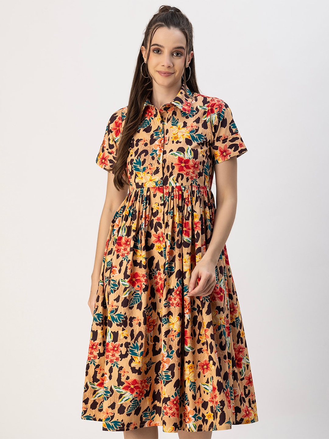 

Moomaya Shirt Collar Short Sleeves Floral Print Cotton Fit & Flare Midi Dress, Rust