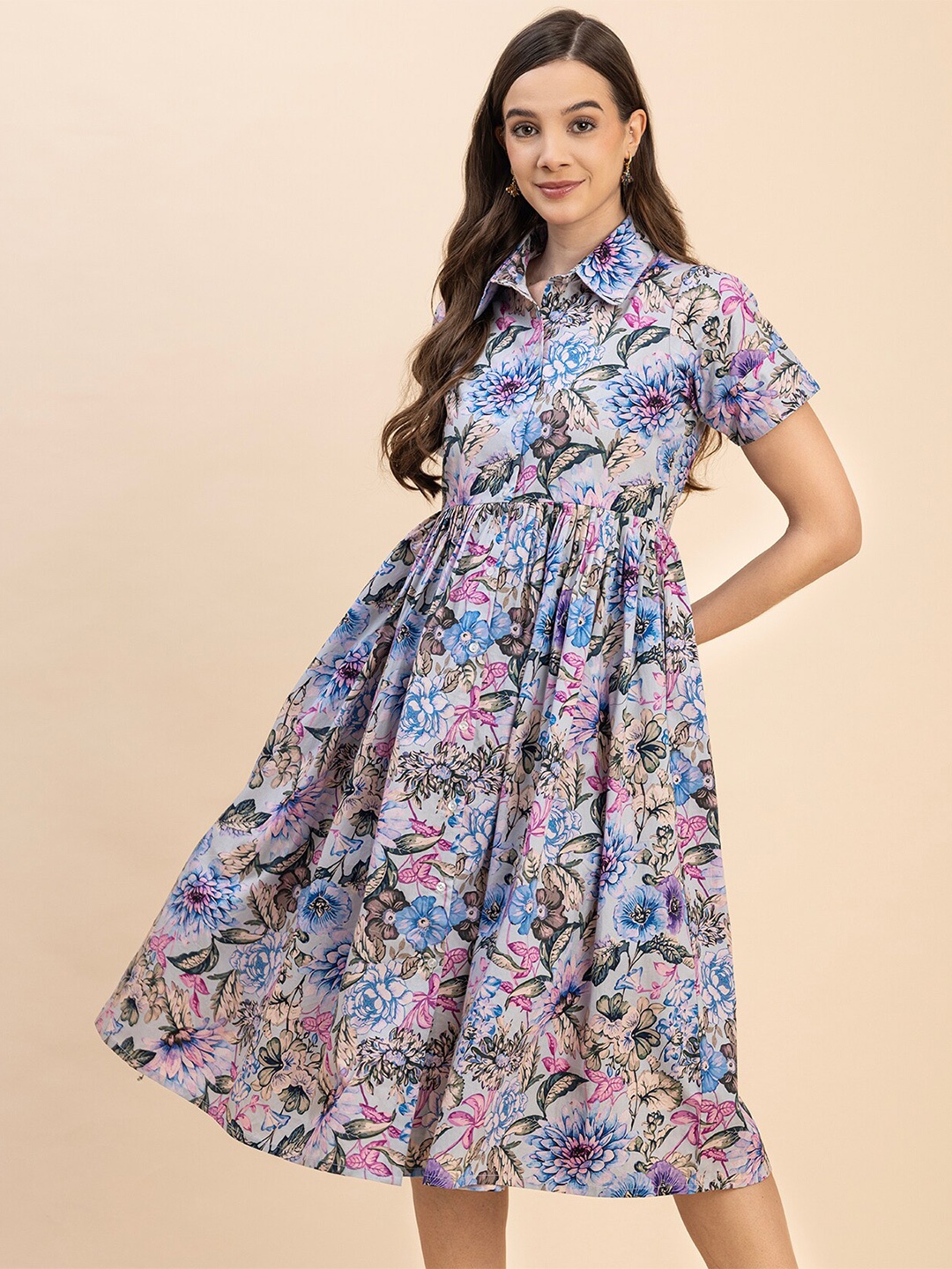 

Moomaya Floral Print Shirt Cotton Midi Dress, Blue