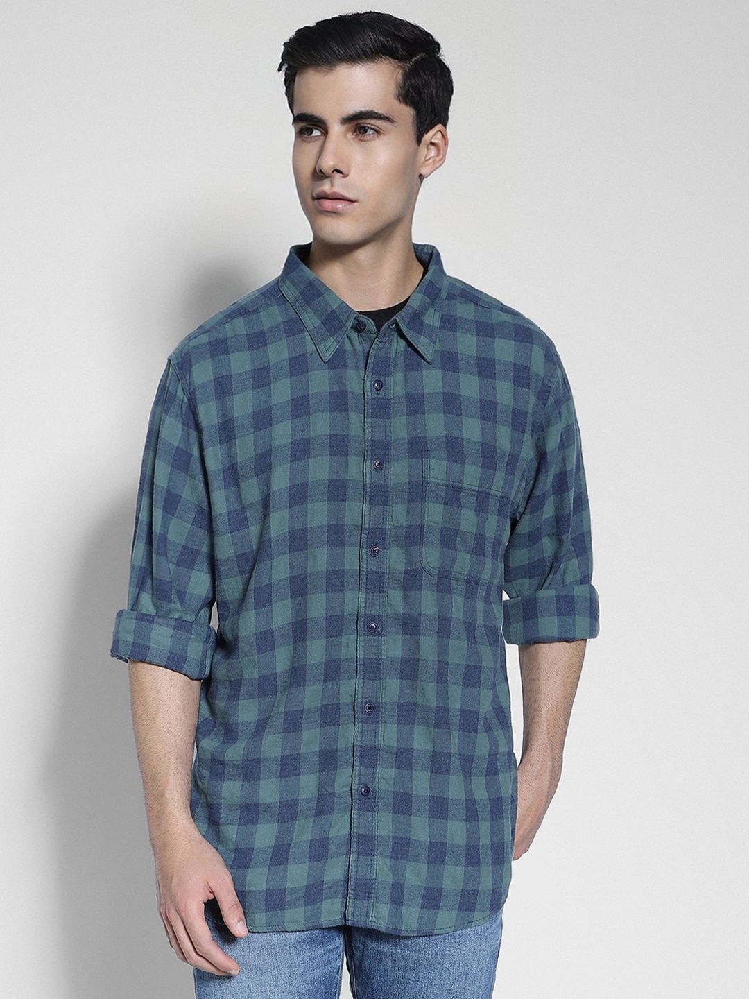 

AMERICAN EAGLE OUTFITTERS Tartan Checks Cotton Spread Collar Slim Fit Checked Casual Shirt, Green