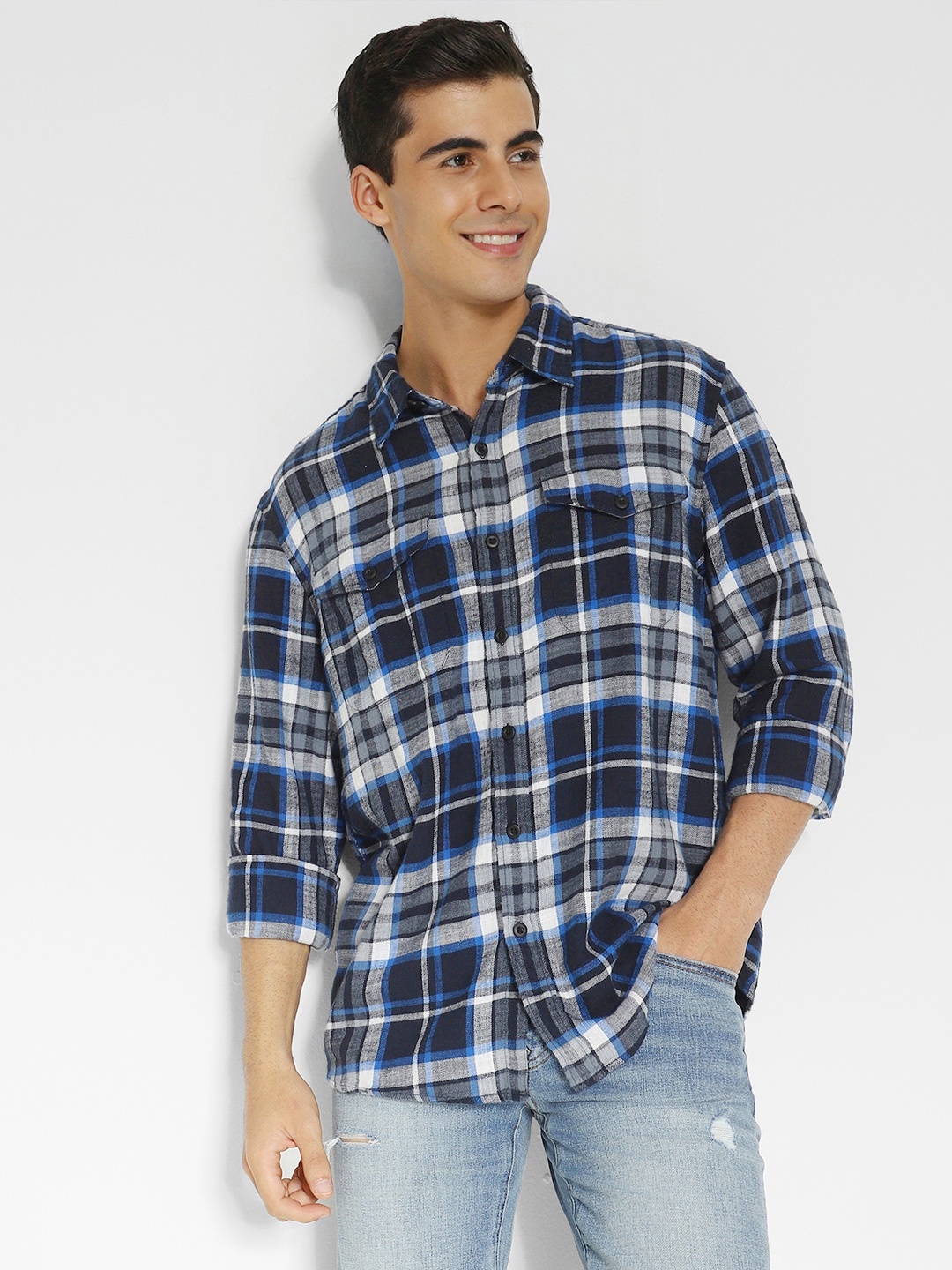 

AMERICAN EAGLE OUTFITTERS Tartan Checked Opaque Casual Shirt, Blue