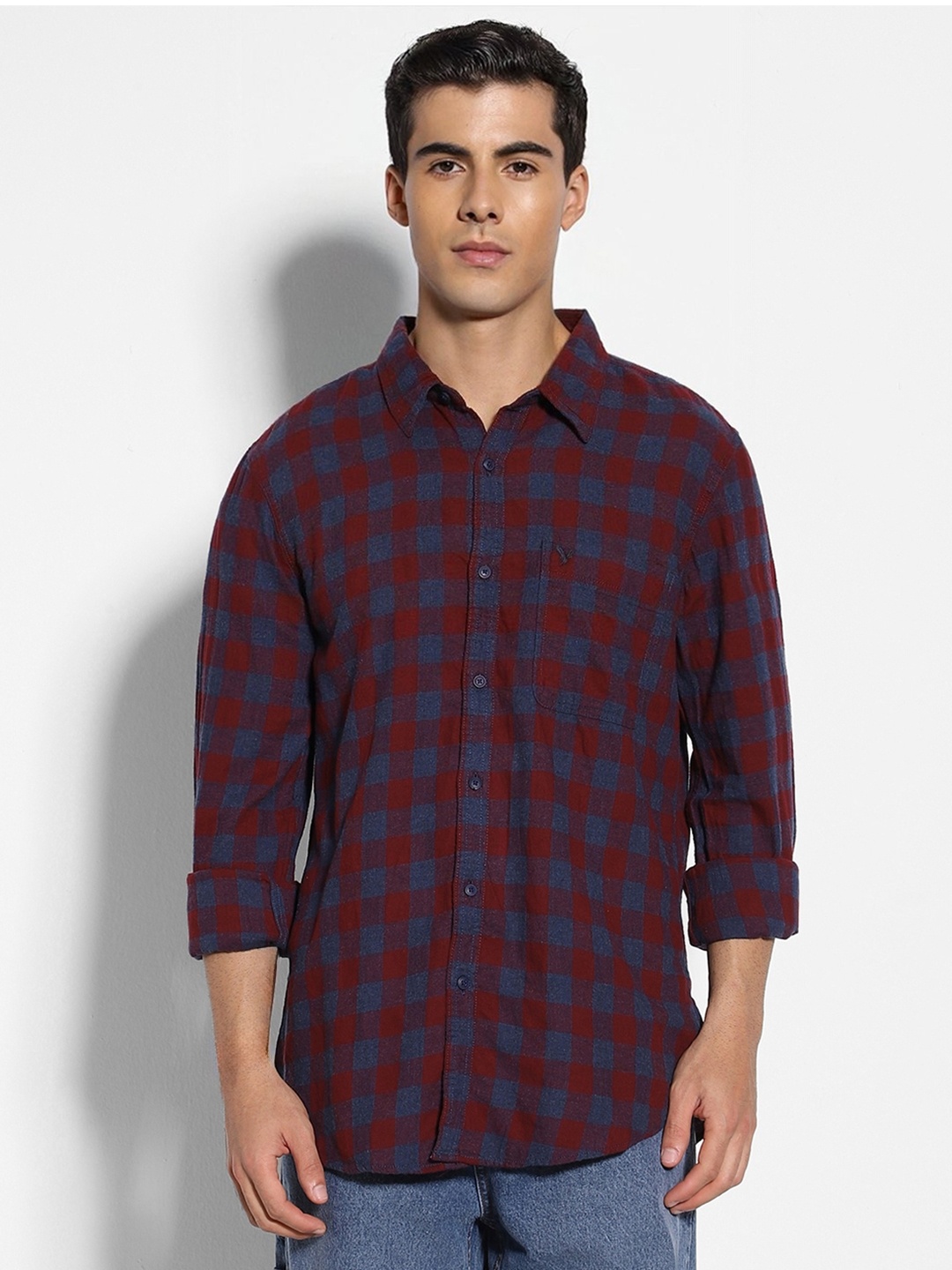 

AMERICAN EAGLE OUTFITTERS Slim Fit Buffalo Checks Spread Collar Cotton Casual Shirt, Red