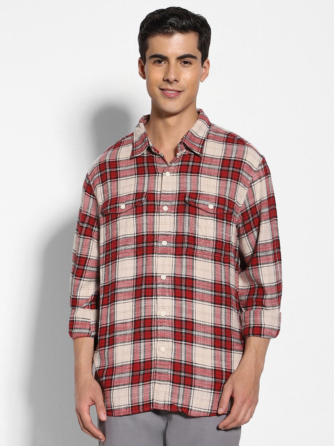 

AMERICAN EAGLE OUTFITTERS Buffalo Checks Flannel Opaque Cotton Casual Shirt, Red