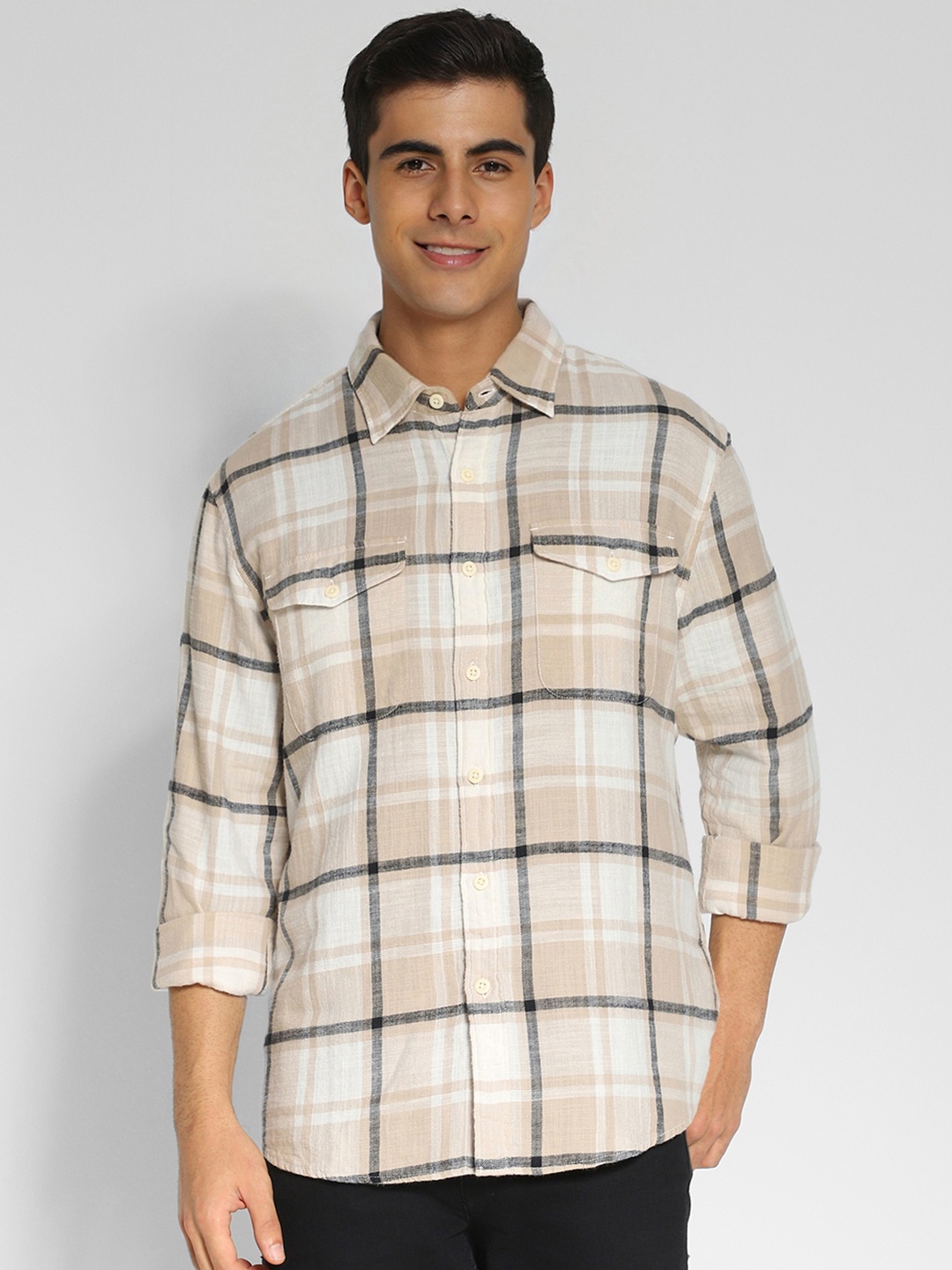 

AMERICAN EAGLE OUTFITTERS Tartan Checks Opaque Cotton Casual Shirt, Beige