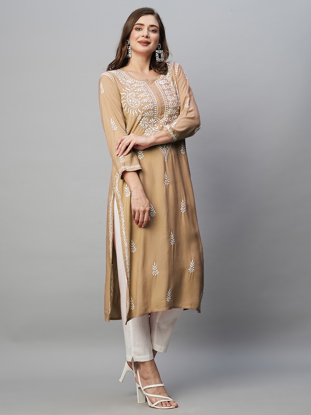 

ADA Ethnic Motifs Embroidered Lucknowi Chikankari Kurta, Brown