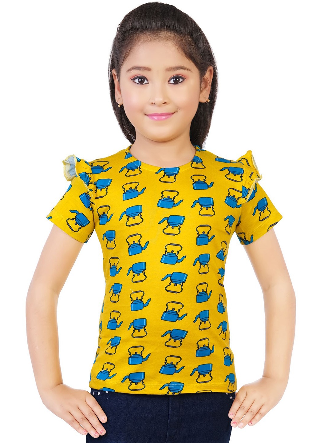

BAESD Girls Round Neck Conversational Printed Short Sleeves Top, Yellow