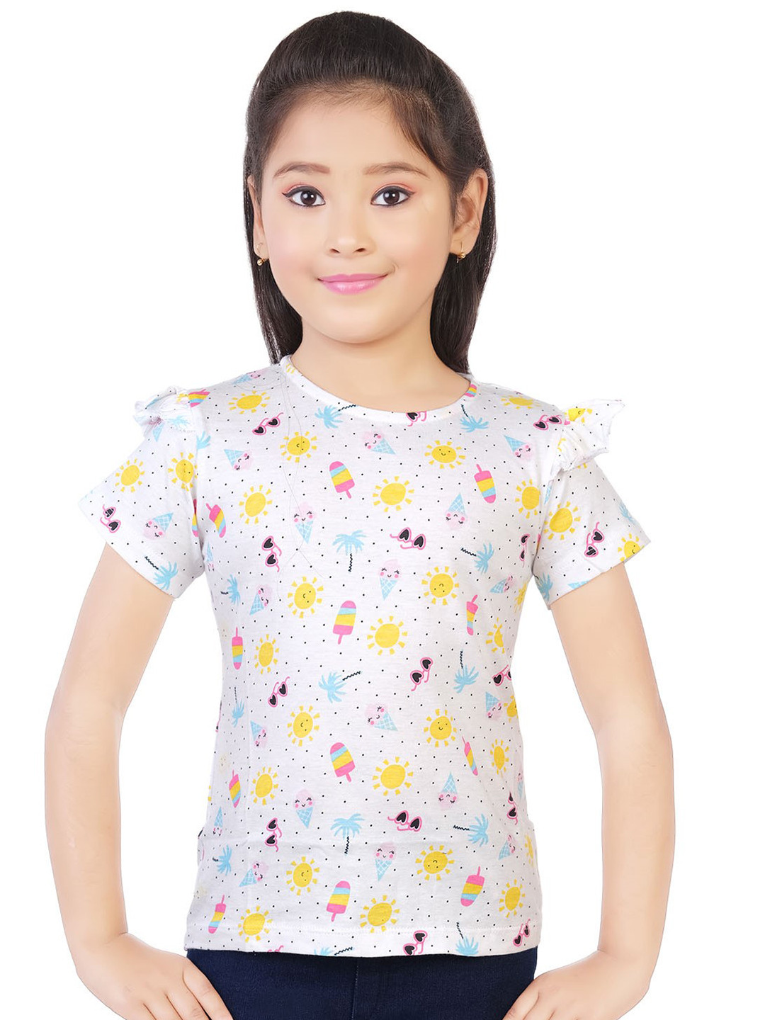 

BAESD Girls Round Neck Conversational Printed Short Sleeves Top, White