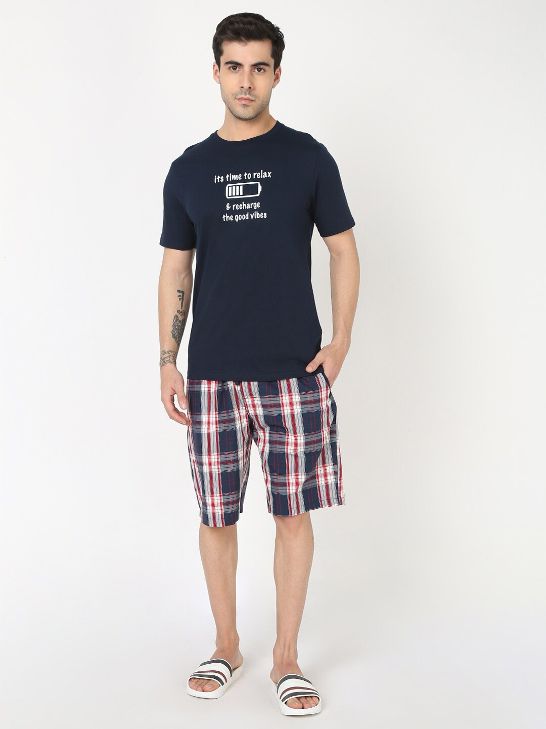 

R&B Typography Printed Pure Cotton T-Shirt & Checked Shorts, Navy blue
