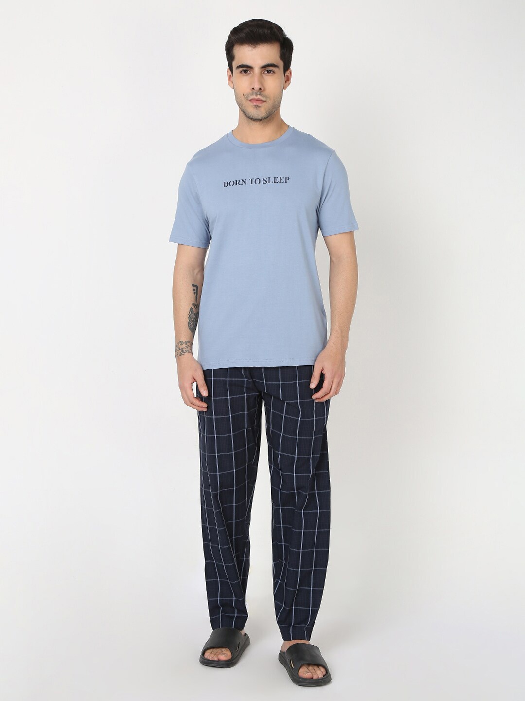 

R&B Typography Printed Pure Cotton T-Shirt & Checked Pyjamas, Blue