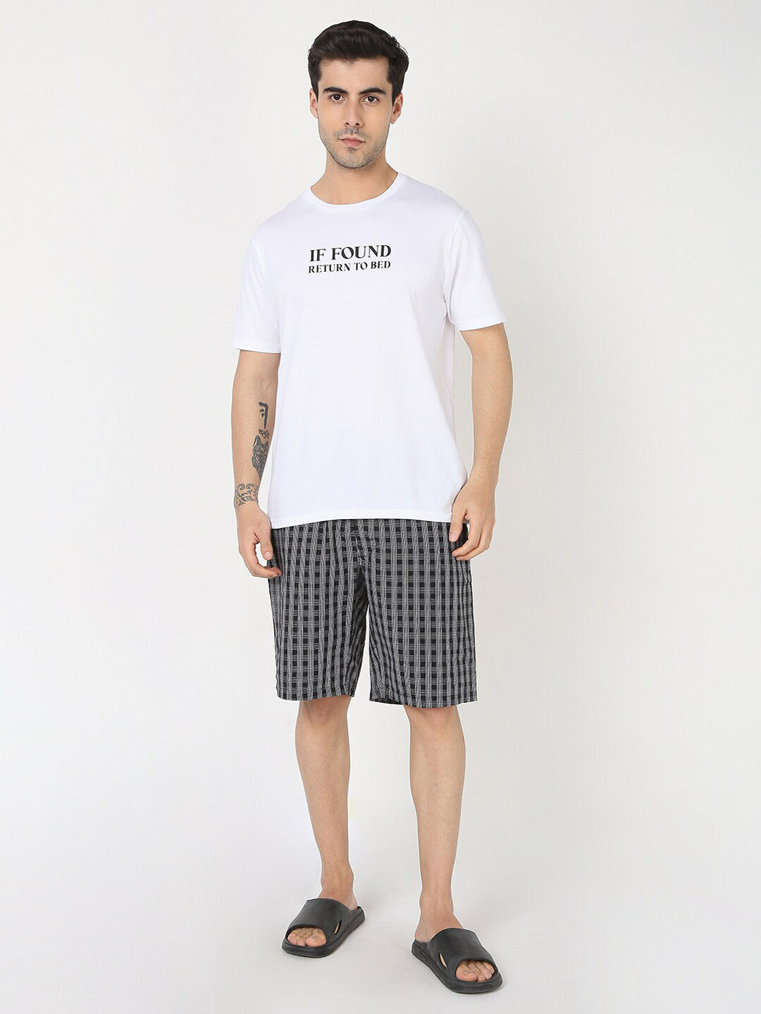

R&B Typography Printed Pure Cotton T-Shirt & Checked Shorts, White