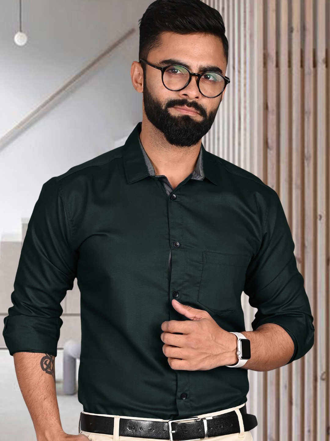 

Ethnic basket Pack Of 2 Cotton Spread Collar Curved Formal Shirts, Green
