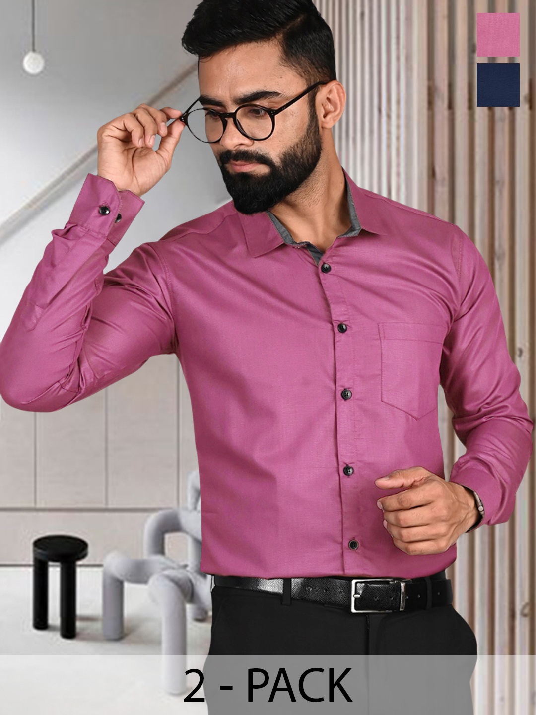 

Ethnic basket Pack Of 2 Cotton Spread Collar Curved Formal Shirts, Navy blue