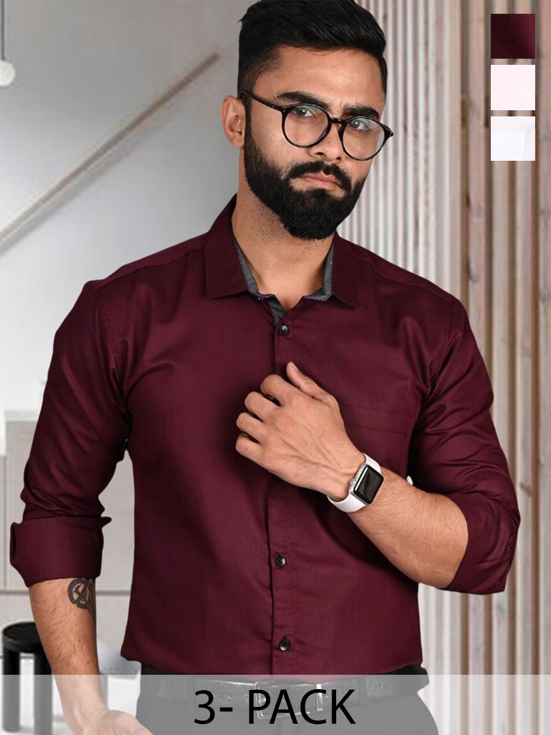 

Ethnic basket Pack Of 3 Cotton Spread Collar Curved Formal Shirt, Maroon